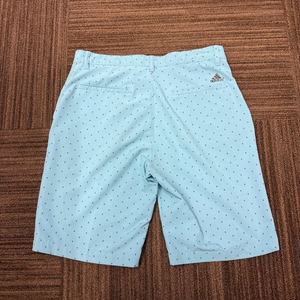 Adidas Light Blue Men's Flat Front Gold Shorts with Speckled Navy Blue Dots - Picture 7 of 7